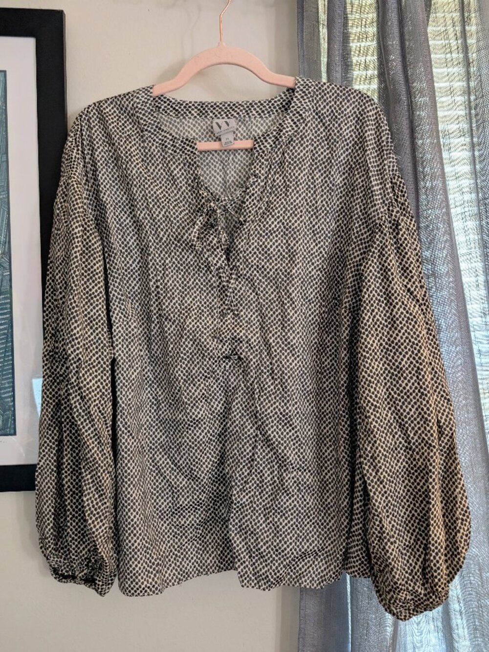 Worthington Long Sleeve Puffy Lace Up Tie Front Black and White Snakeskin Print